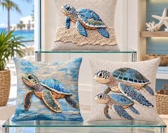 Sea Turtle Pillow Cover 18x18, Coastal Ocean Cushion Case, Single-Sided 2D Prin/ Beach House Décor/ 3 Turtle Designs, Cover Only