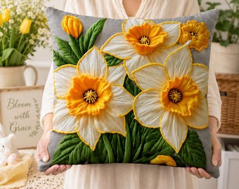 Vintage-Narzissenblumen-Kissenbezug, 45,5 x 45 cm Kissenbezug, einseitiger Druck, Füllung nicht enthalten, 2D-Flachdruck ohne Stickerei