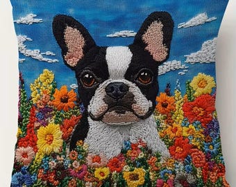 Boston Terrier Kissenbezug, Blumenhundekissenbezug, Dekokissenbezug Buntes Blumenfeld, 18x18 Dekorativer Kissenbezug,
