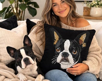 Boston Terrier Cushion Cover, Embroidery Style Black Decorative Pillow, 18x18 Inch-( non Emboridarded)