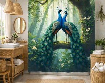 Shower Curtain,  peacock  design, Blue Green Bird Bath Decor, Teal Nature Bathroom Set