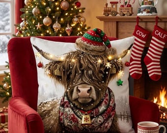Highland Cow Christmas Pillow Cover, Farmhouse Shaggy Cow Art, Cozy Winter Decor- one-side print