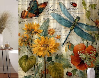 Vintage Botanical Dragonfly Butterfly Shower Curtain, Sunflower Floral Nature Bath Curtain