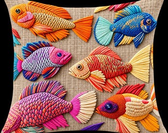 Tropical Fish Pillow Covers, Colorful Coastal Outdoor Patio Cushion Case, 2D Flat Print Faux Embroidery Coastal Living Decor- 1pc