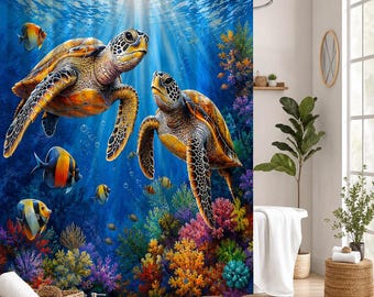 Sea Turtle Shower Curtain, Ocean Fishes,  under the sea design, Coastal Bathroom Decor, Polyester Fabric
