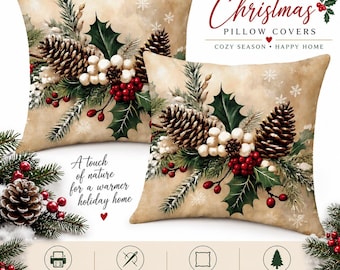 Christmas Pinecone Pillow Cover, 2D Print, Winter Holly Berry, 18x18 Inch