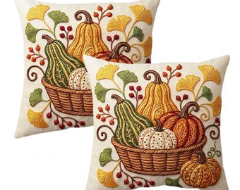Thanksgiving  Gift, Pumpkin Ginkgo Fall Pillow Cover, Rustic Autumn Decor, Fall Decoration (18x18)