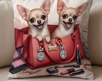 Elegant Chihuahua Gift Cushion Cover • 2D Flat Print Textured Look Accent Pillow • Luxury Handbag Pattern Dog Pillow Case- No embroidery -