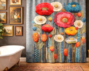 Floral Embroidered look 2D flat print unique design  Bathroom Decor, Polyester, 70x70 Inch.