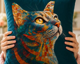 Modern Mosaic Cat Pillow Cover | Colorful Cat Decorative Throw Pillow | Premium Polyester Cover | Envelope Closure | No Insert