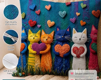 Colorful Cats Throw Pillow Cover – Double-Sided 2D Flat Print, Whimsical Crochet-Style Heart Cats Cushion Cover,  17.72 x 17.72 in