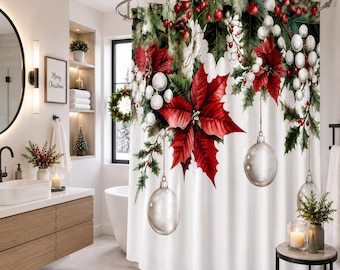 Christmas Poinsettia Shower Curtain, Red Floral, Silver Ornaments, Holiday Bathroom Decor (70.8" x 70.8")