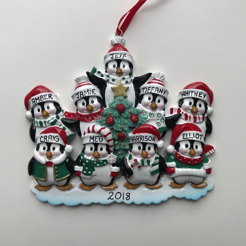 Personalized Penguin Family of 9 Christmas Ornament