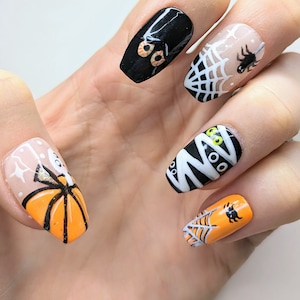 Spooky Halloween Press On Nail Set, 10 Unique hand painted Press on nails with Application Kit, Fun False Stick On. Free UK Delivery