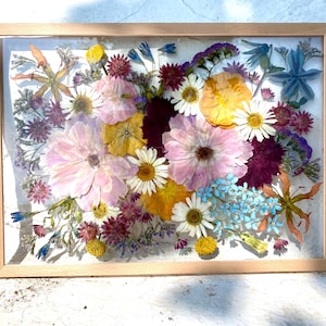 May include: A framed floral arrangement featuring a variety of dried flowers in shades of pink, yellow, white, purple, and blue. The flowers are arranged on a white background and encased in a light brown wooden frame.