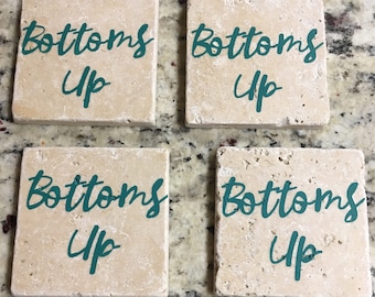 Travertine Stone Coasters - "Bottoms Up" Agave Blue (Set of Four)