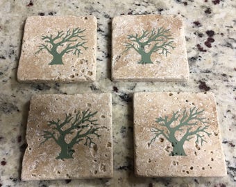 Travertine Stone Coasters - Tree of Life Sage Green (Set of Four)