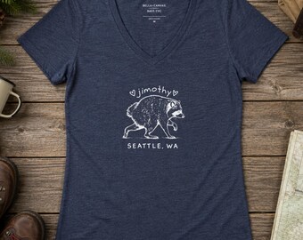 Jimothy Raccoon Seattle WA V-Neck Shirt, Soft Cotton Tee