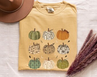 Boho Hand-Drawn Watercolor Pumpkin Patch T-Shirt, Autumn Graphic Tee, Comfort Colors Fall Shirt