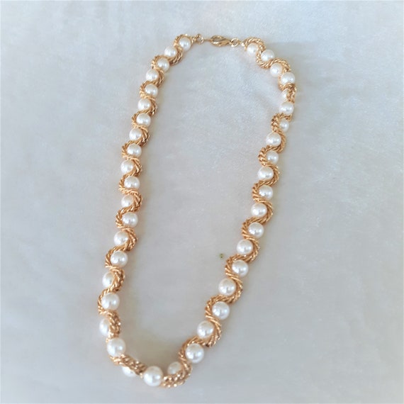 Gold Tone and Faux Pearl Necklace, Bracelet and E… - image 3