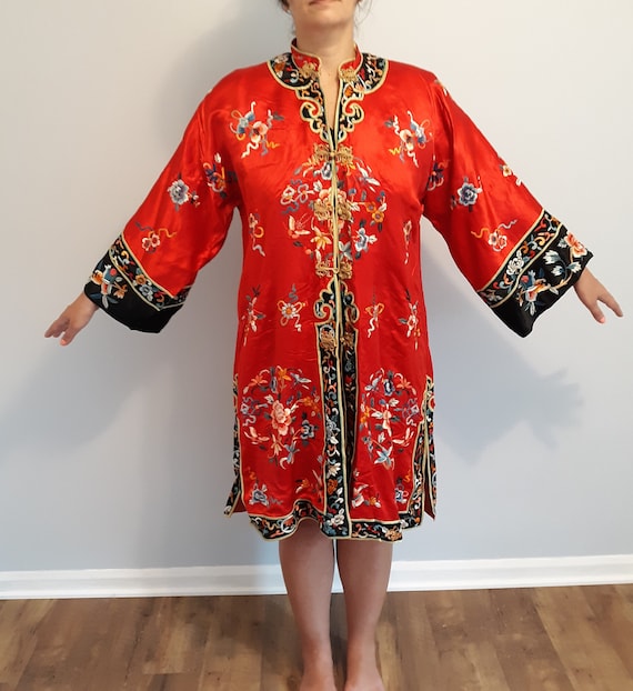 Silk Embroidered Satin Robe, Vintage Kimono Style… - image 1