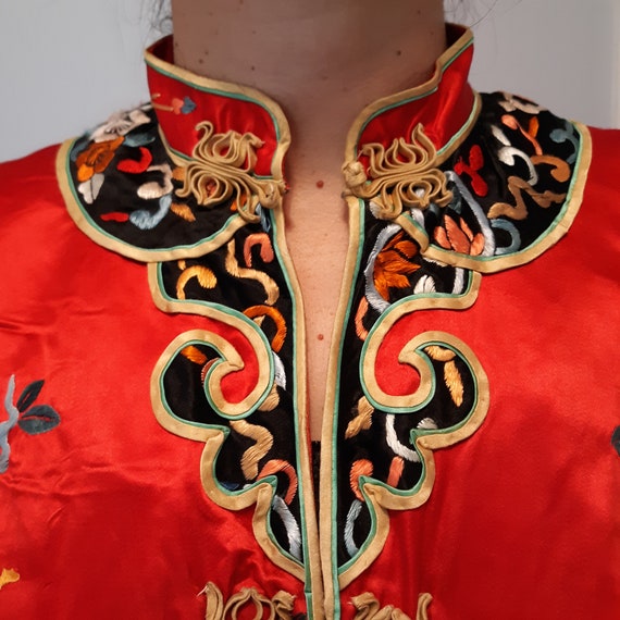 Silk Embroidered Satin Robe, Vintage Kimono Style… - image 3