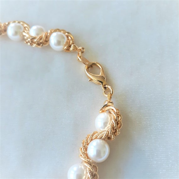 Gold Tone and Faux Pearl Necklace, Bracelet and E… - image 2