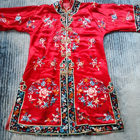Silk Embroidered Satin Robe, Vintage Kimono Style… - image 8