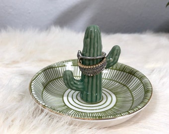 Cactus, 10inch Trinket Tray//Dish Ring Ceramic Ring Holder with Derorative White Dish Ceramic Cactus Ring Holder Green /& White Bracelet Great for Wedding Ring Jewelry Mother`s Day Girl Friend