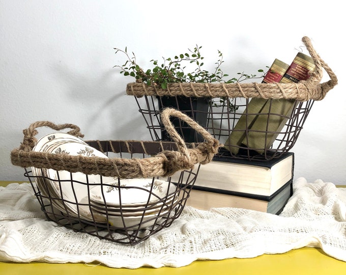 Rustic Wire Basket With Jute Handles Industrial Metal Basket Etsy