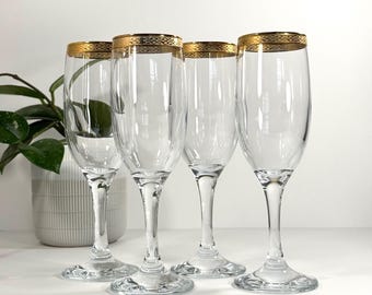 Vintage Gold Rimmed Champagne Glasses | Clear Stemware with Patterned Gold Band | Set of 4