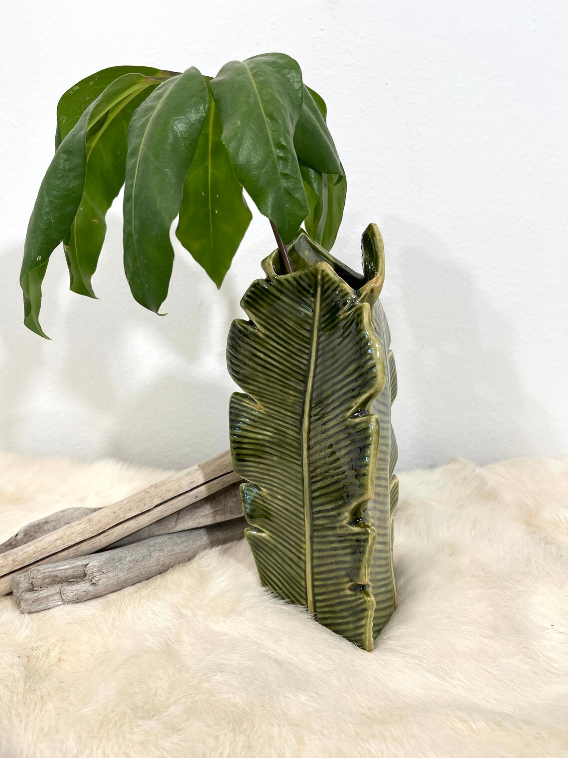 Ceramic Palm Leaf Vase ThreeSided Tropical Banana Leaf Vase Etsy