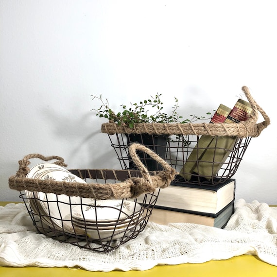 Set of Wire Baskets with Jute Handles Baskets & Bowls Home & Living