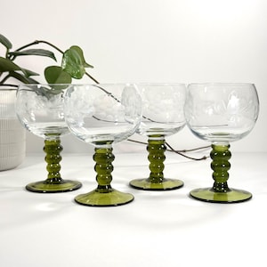 Vintage Olive Green Bubble Stemmed Wine Glasses | Small German Roemer Wine Glasses | Etched Grapevine Patterned Glassware | Set of 4