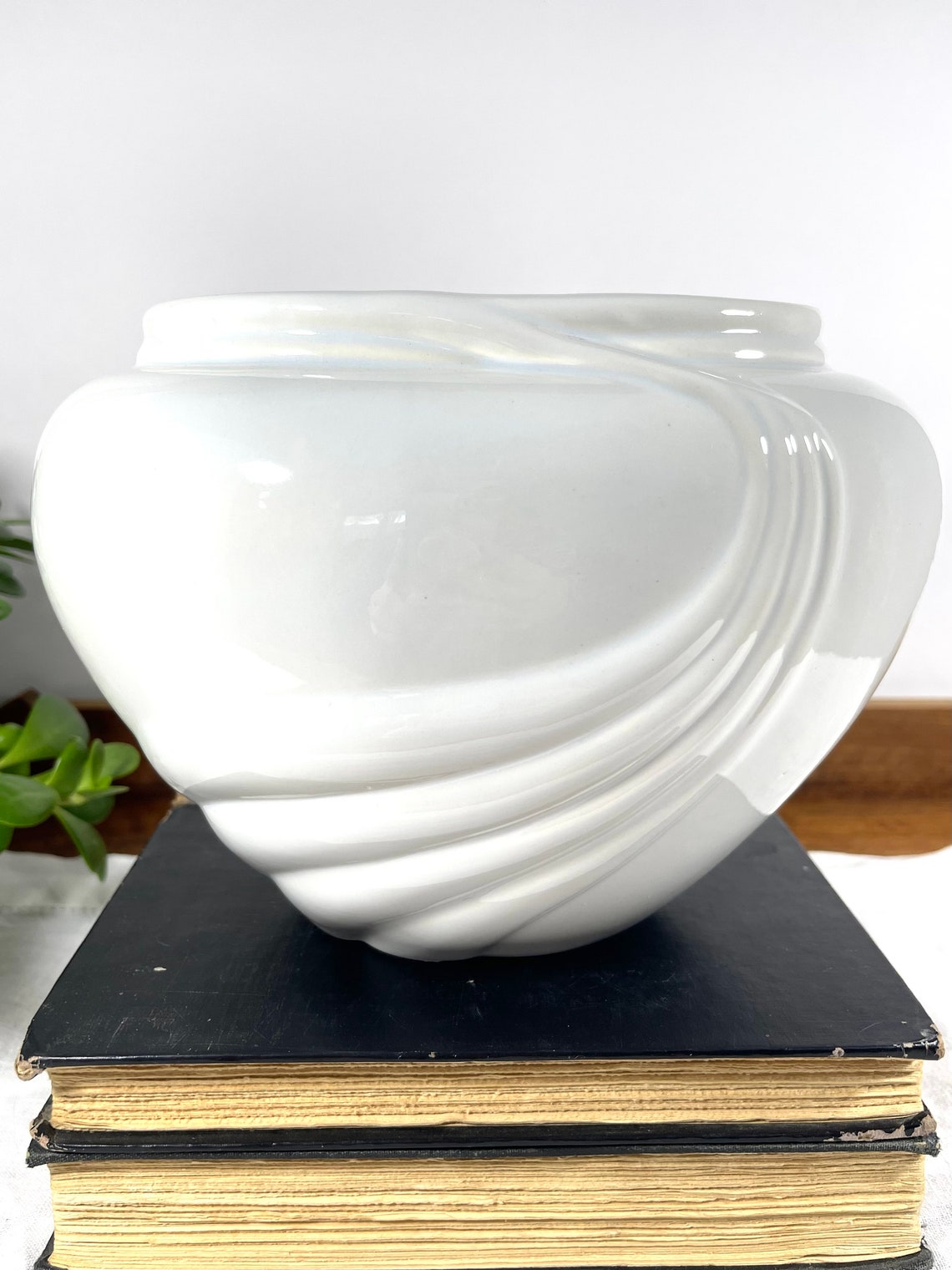 Vintage 80's White Oval Flower Vase Ceramic Oblong Art Etsy