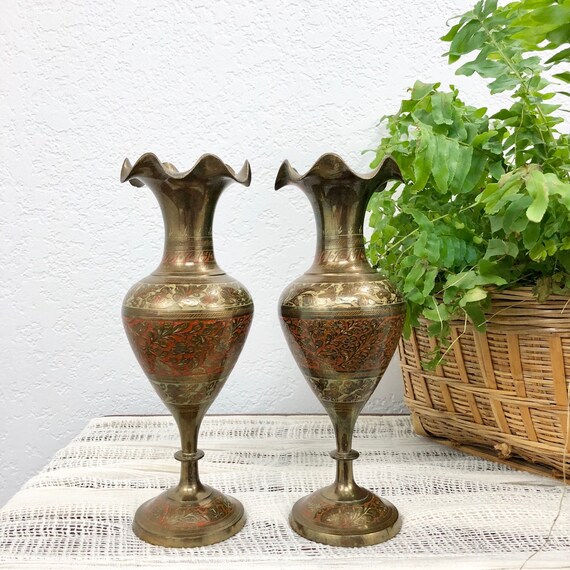 Beautiful Pair Of Vintage Indian Brass Vases Set Of 2 Etched Etsy