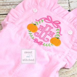 Baby girl monogrammed fall pumpkin overalls with sweet pumpkin monogram frame, monogrammed corduroy overalls, Pink Cord thanksgiving outfit