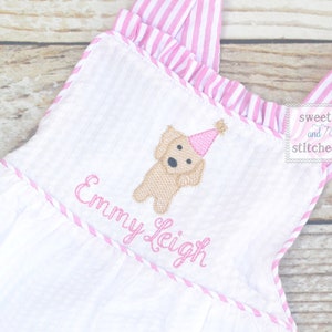 Monogrammed baby girl ruffle bubble with puppy, puppy dog themed birthday outfit, 1st birthday cake smash outfit, puppy cake smash
