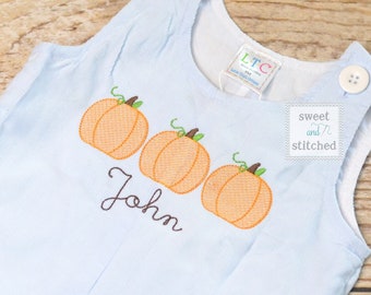 Monogrammed boys pumpkin overalls in baby blue corduroy, Boys halloween fall outfit with pumpkins, baby boy thanksgiving outfit