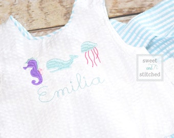 Baby girl swing back bloomer set in aqua with sea animals, summer baby girl outfit, mermaid cake smash bloomer set, 1st birthday outfit