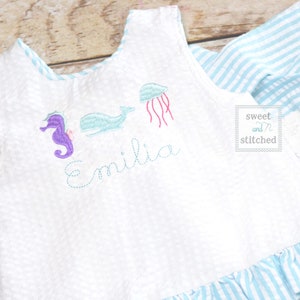 Baby girl swing back bloomer set in aqua with sea animals, summer baby girl outfit, mermaid cake smash bloomer set, 1st birthday outfit