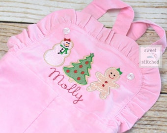 Baby girl monogrammed Christmas overalls with Christmas cookie design, monogrammed corduroy overalls, gingerbread girl Christmas outfit