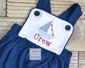 Monogrammed baby boy sailboat outfit in navy and white, monogrammed boys beach romper, 1st birthday sailboat outfit, boat cake smash