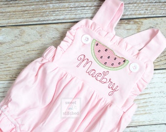 Monogrammed baby girl pink ruffle bubble with watermelons, girls watermelon outfit, 1st birthday cake smash outfit, Summer Beach Outfit