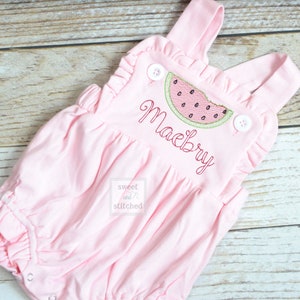 Monogrammed baby girl pink ruffle bubble with watermelons, girls watermelon outfit, 1st birthday cake smash outfit, Summer Beach Outfit
