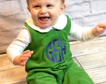 Monogrammed corduroy overalls or romper with your navy monogram, baby boy holiday outfit, easter outfit, st. patrick's day outfit