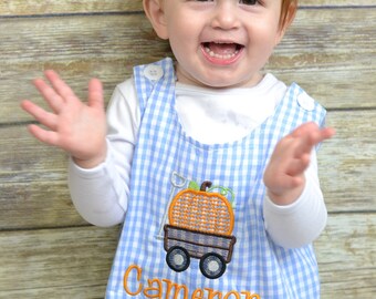 Personalized Boys Pumpkin outfit with pumpkin wagon design and name - Baby Boy fall, halloween, thanksgiving Outfit, thanksgiving overalls