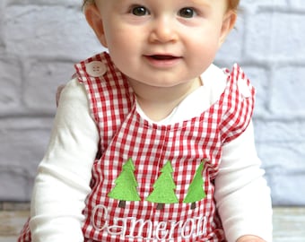 Personalized Baby Boy Christmas outfit - red gingham monogrammed Christmas overalls, baby boy monogrammed 1st Christmas outfit personalized