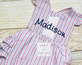 Monogrammed baby girl birthday bubble romper, 4th of july birthday outfit, patriotic cake smash outfit, red white and blue birthday outfit