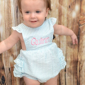 Monogrammed baby girl ruffle bubble, Seersucker girls bubble monogrammed, seersucker summer romper, girls seersucker Beach Outfit